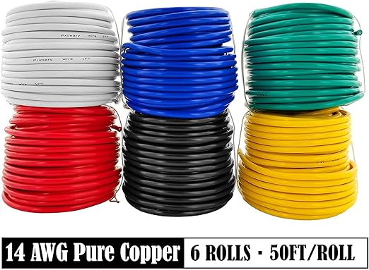 GS Power 300ft 14 Gauge Wire Oxygen Free Pure Copper Primary Wire, 50ft Roll, 6 Colors, OFC 12v 14AWG for Automotive Audio Video Electric Trailer Stereo RC Car Home Theater LED Lamp Wiring Electrical