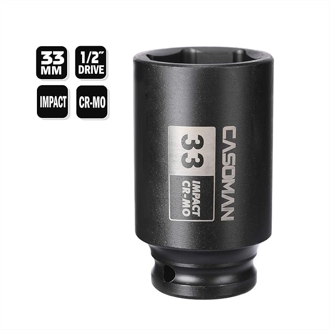 CASOMAN 1/2" Drive x 33 mm Deep 6 PT Impact Socket, CR-MO, 1/2-inch Drive 6 Point Axle Nut Socket for Easy Removal of Axle Shaft Nuts (33MM)