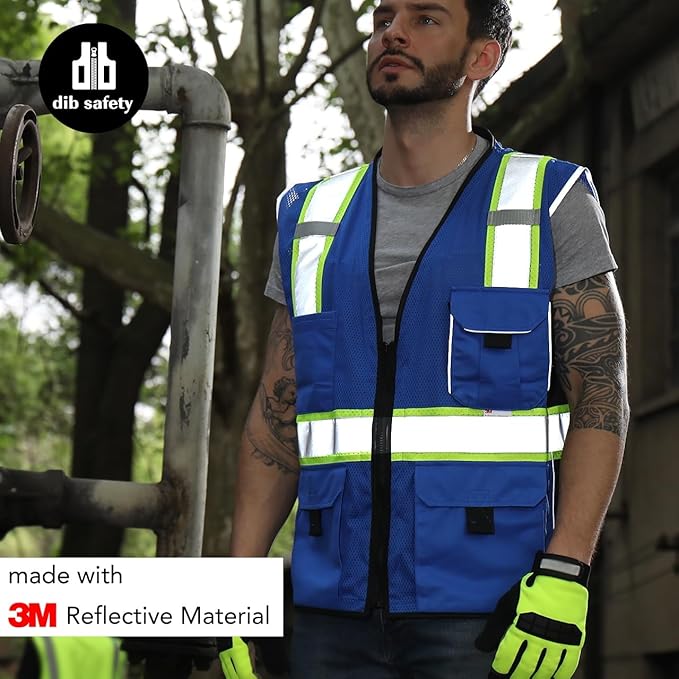 Dib Safety Vest Reflective Blue Mesh, High Visibility Vest with Pockets and Zipper, Heavy Duty Vest Made with 3M Reflective Tape 4XL