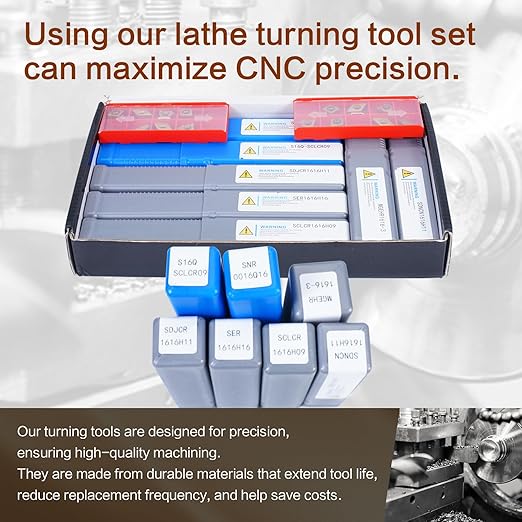 Indexable Lathe Turning Tool 21Pcs Kit 5/8" (16mm) Shank, Includes 7Pcs Metal Lathe Tool Holders and 14Pcs Carbide Inserts for Turning Boring Grooving Cutting Threading Carbide Turning Tool