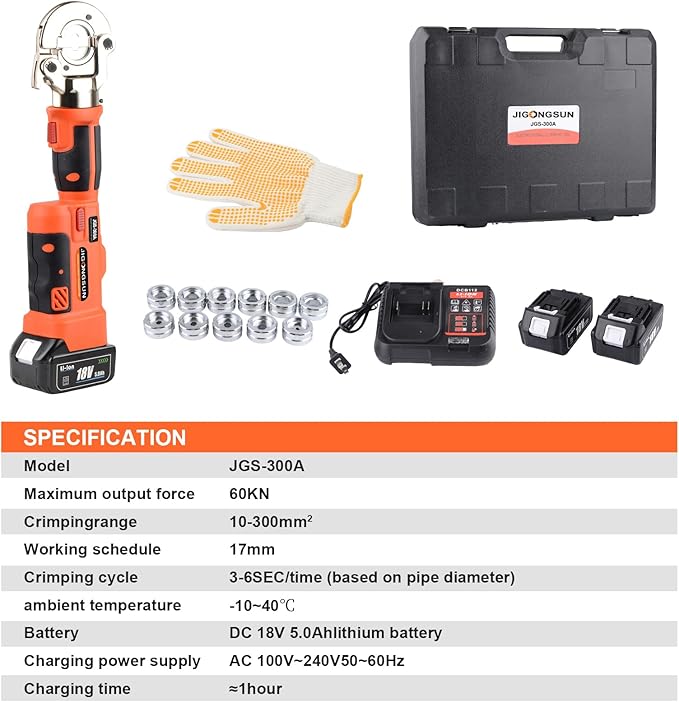 Electric Hydraulic Crimping Tool, 12 Ton 8AWG-600MCM Rechargeable Hydraulic Crimper for Cu/Al Terminal, Wire Cable Lug Crimping Tool Kit (12 dies)