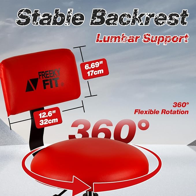 Shop Stool with Backrest, Mechanic Garage Stool for Workshop, Adjustable Stool Chair, Padded Workbench Stool for Men Women, 300 LBS Capacity, 360° Swivel PVC Seat, Heavy Duty, Red