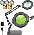 10X Magnifying Glass with Light and Stand，Real Glass Lens 5 Color Modes Dimmable LED Lighted Magnifier with Swing Arm Hands Free Magnifying Desk Lamp for Crafts Sewing Painting Reading Close Work