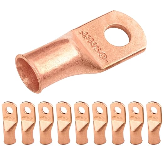 SELTERM 10pcs 1/0 AWG - 5/16" Stud - Battery Lugs, Heavy Duty Wire Lugs, Ring Terminals, Battery Cable Ends,0 Gauge Terminals, UL Bare Copper Eyelets Electrical Battery Terminal Connectors