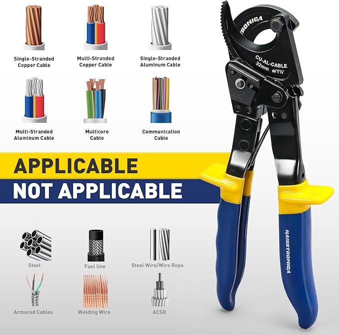 haisstronica Cable Cutters Ratcheting Cable Cutter Heavy Duty Wire Cutters for Copper Aluminum Cable Cutting Up to 500 Kcmil