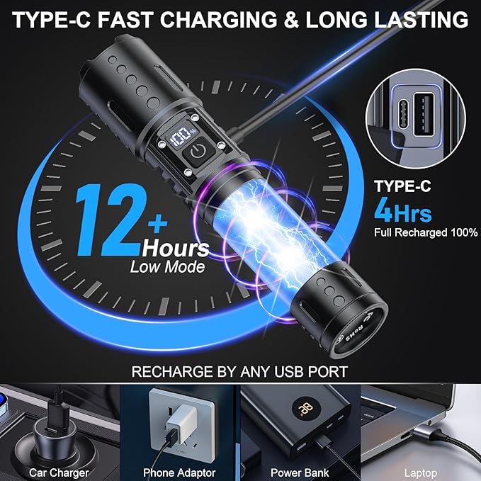 Flashlights High Lumens Rechargeable - Super Bright Tactical LED Flash Light, Dimmable&Memory Function Powerful Waterproof Flashlight for Camping,6 Modes,Zoomable,LCD Display (2, Black)