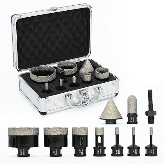 Diamond Tile Hole Saw Kit, 10 PCS Diamond Drill Bit Set, Diameter 6/6/8/19/35/51/65mm for Tile Porcelain Ceramic Marble, with 20mm Finger Bit, 50mm Chamfer Bit and SDS Adapter