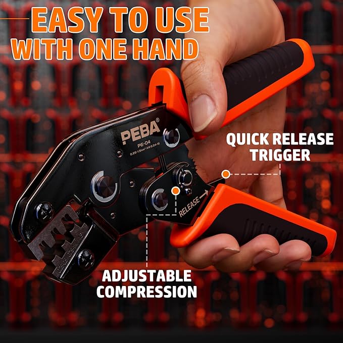 PEBA Spade Terminal Crimping Tool Kit, AWG 24-14 Crimper for Quick Disconnect Male & Female Non-Insulated Terminals 0.110"-0.250", 14 Types Spade Connector Kit - Speaker Terminals Crimping Tool