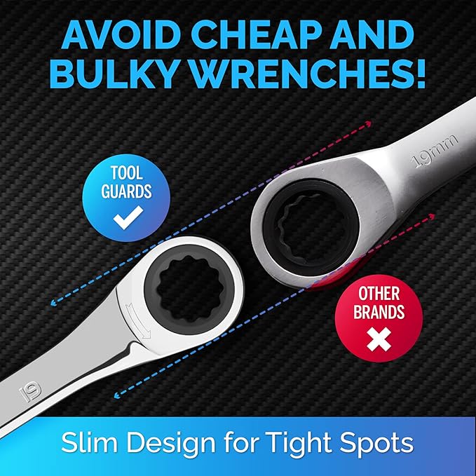 TOOLGUARDS 19mm Wrench - Ratcheting Wrench - Slim Profile - Ratchet Wrench - 100% Lifetime Satisfaction Guarantee