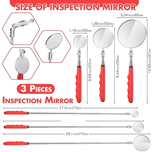 3 Pieces Telescoping Inspection Mirror Stainless Steel Extendable Mechanic Mirror with Long Handle Tool for Technicians Mechanics Contractors Eyelashes Mouth and Other Small Parts(Red)