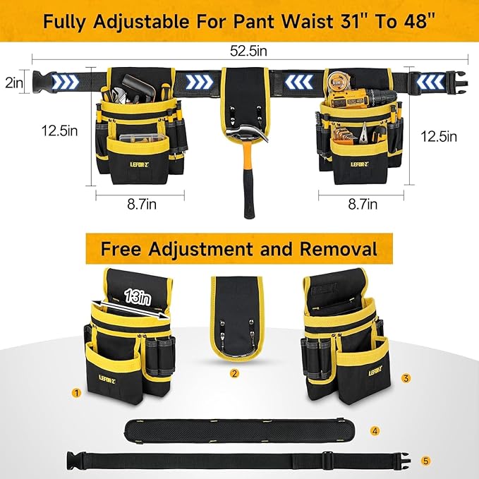 Tool Belt,Magnetic Tool Pouch,27-Pockets Heavy Duty Padded Tool Belts for Men,Detachable & Adjustable Tool Pouch Bag for Electrician,Carpenter,Construction,Work Apron,Utility Belt,Black,Yellow