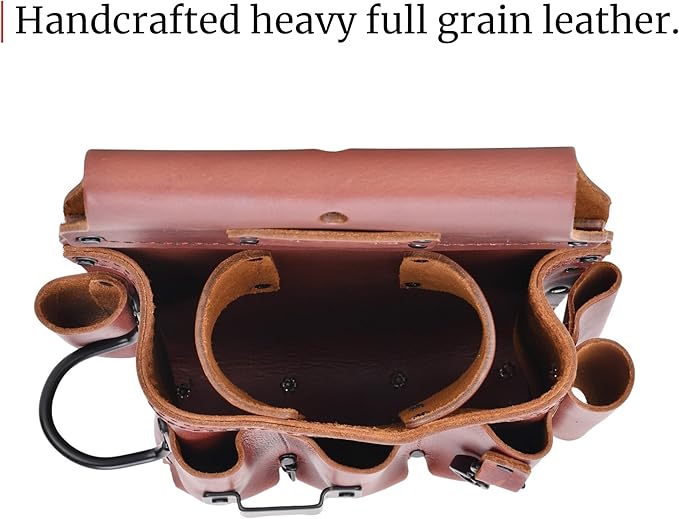FESA Leather Electrician Tool Pouch - 13-in-1 Top Grain Leather Electrician Pouch w/Steel Hammer Loop, Tape Measure Clip, Tape T-Chain & 6 Pockets - Fits Belts up to 3" - Handcrafted