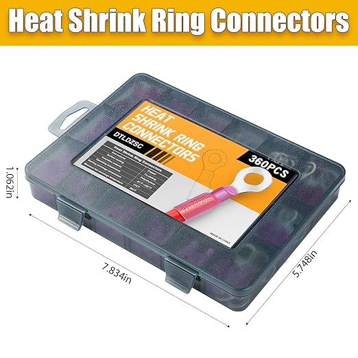 360PCS Marine Grade Heat Shrink Wire Connectors-Electrical Connectors Kit of Tinned Red Copper,Crimp Insulated Ring Fork Spade Butt Splice AWG22-16 Gauge (360pcs Red, AWG 22-16)