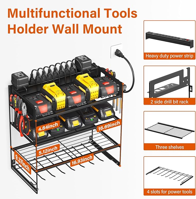 JUNNUJ Power Tool Organizer with 10 Outlet Power Strip, 4 Layer Wall Mount Drill Holder with Charging Station, 4 Drills Storage Shelf Shop Garage Utility Rack, Black