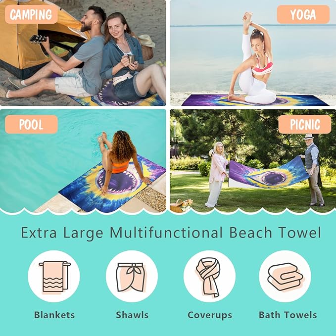 Tie Dye Shark Beach Towel Oversized 36" x 72", Thin Lightweight Sand Free Quick Dry Microfiber Towel for Swimming Pool Cruise Camping Travel