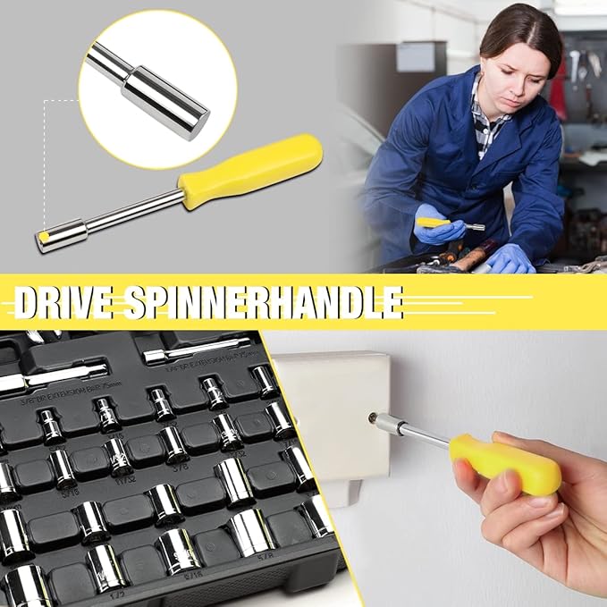 DNA MOTORING 220pcs Mechanic Tool Socket Wrench Set, SAE and Metric Socket Wrench Set, Tool Box Case for Home, Auto and Bike Repair, Yellow, TOOLS-00022