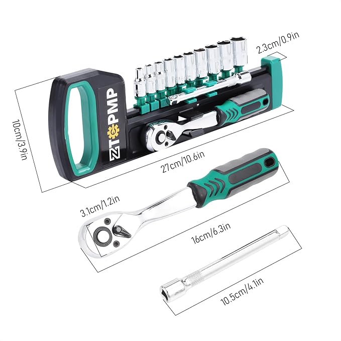 12Pcs 1/4 Inch Drive Ratchet Socket Wrench Set, 72 Teeth Bent Handle Release Ratchet Wrench with CR-V 6 Point Shallow Metric Sockets (4mm-13mm) and Extension Bar