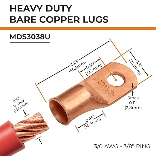 SELTERM 25pcs 3/0 AWG 3/8" Stud Battery Lugs, Ring Terminals, Heavy Duty Copper Wire Lugs, Battery Cable Ends, 000 Gauge Ring Terminal Connectors, UL Bare Copper Eyelets Electrical Battery Cable Lugs