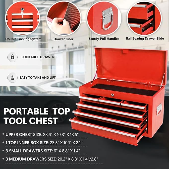 Rolling Tool Chest with Wheels, 8-Drawer Tool Box Organizer with Lock, Detachable Top Cabinet, Sliding Drawers, Tool Storage Cabinet for Garage & Workshop, Red