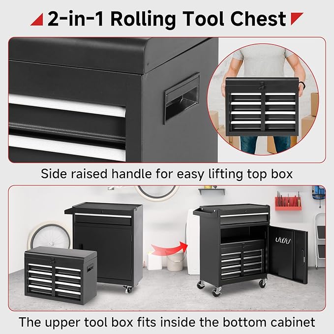 Rovibek Rolling Tool Chest, 5-Drawer Rolling Tool Box with Wheels,Detachable Top Box, Metal Tools Box for Garage Workshop Warehouse, Heavy-Duty Tool Storage Cabinet, Black