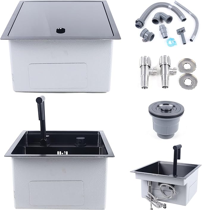 15-inch Hidden RV Kitchen Bar Sink with Folding Faucet, Cover, Drain Pipe and Strainer Full Set, Small Stainless Steel Prep Sink for Workstation, RV, Kitchen and Bar(Black)
