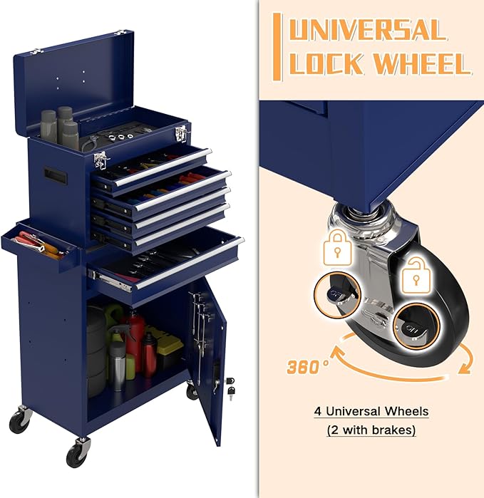 5-Drawer Rolling Tool Chest,Garage Storage Tool Box with Wheels,Lockable and Detachable Tool Cabinet,Heavy Duty Metal Tool Cart with Wheels for Garage,Warehouse,Workshop (Blue)
