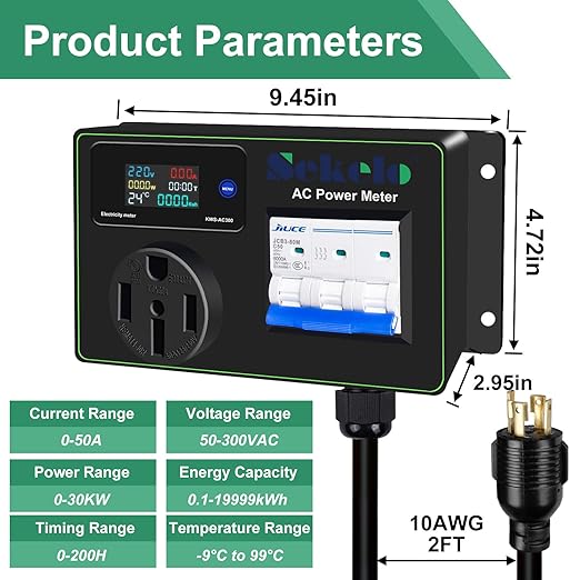 30A AC Power Meter, 240V Digital Multimeter Tester, NEMA L14-30P to NEMA 14-50R Outlet Monitor with 2FT 10AWG Cable and 50A Circuit Breaker, Real-Time Voltage, Current, Power, and Energy Monitoring