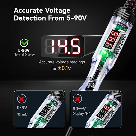 Heavy Duty Automotive Circuit Tester Test Light, 5-90V Wide Range Digital Voltmeter, Pro LED Voltage Tester with Dual Polarity Indicator for Car, Truck, RV, Marine, Fuse Testing