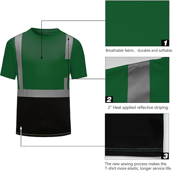 High Visibility Shirts Quick Dry Safety T Shirts with Reflective Strips and Pocket Short Sleeve Mesh Hi Vis Construction Work Class 2 Shirt for Men/Women Black Bottom Green,Small