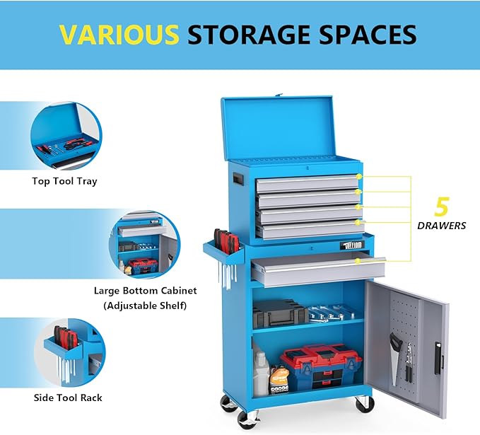 TUFFIOM 5-Drawer Rolling Tool Chest, Tool Storage Cabinet w/Drawers, Lockable Wheels, Detachable Top & Adjustable Shelf, Mechanic Tool Organizer Box for Garage, Workshop, Warehouse & Repair Shop