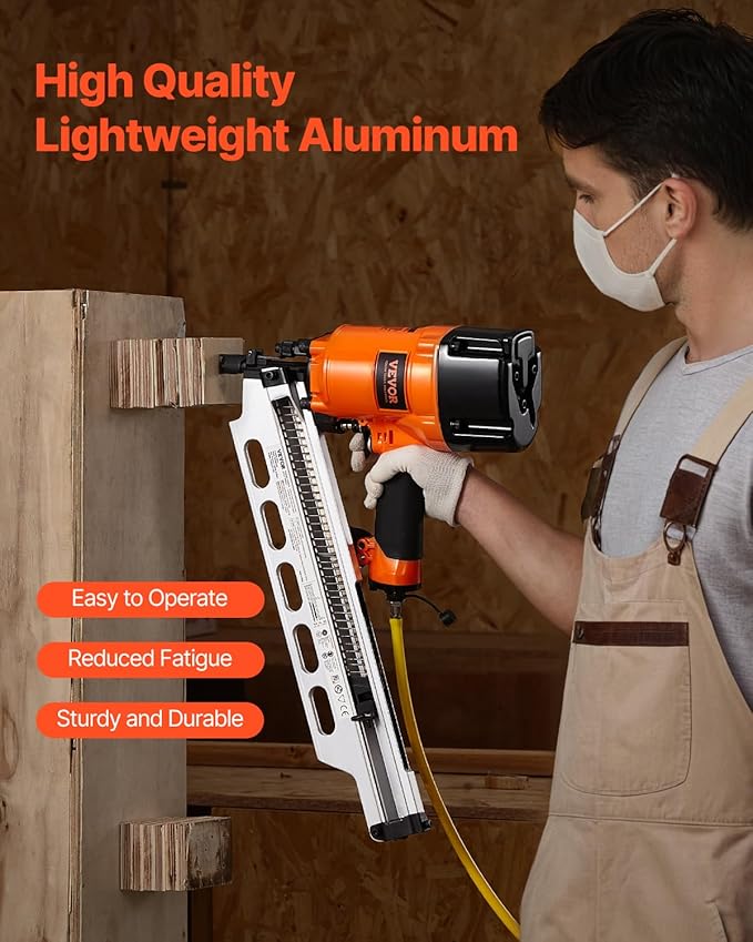 VEVOR Framing Nailer, 2" to 3-1/2" 21 Degree Full Round Head Pneumatic Framing Nailer with Dual Trigger Modes & Tool-Less Depth Adjustment, 80-120PSI Pro Air Nail Gun for Framing Flooring Decking