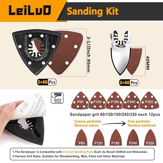 LEILUO 127 Pcs Oscillating Tool Sanding Pad Kit 2Pcs 3-1/2 Inch Triangle Sanding Pads 2Pcs Fingertip Sand Pad 120Pcs Sandpaper 3Pcs Adapters Compatible with DeWalt Dremel Milwaukee and More