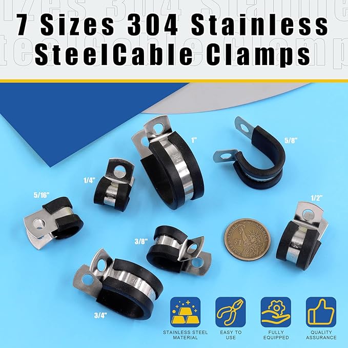 Glarks 84Pcs 7 Sizes 304 Stainless Steel & Rubber Insulated Pipe Clamps Set, Black