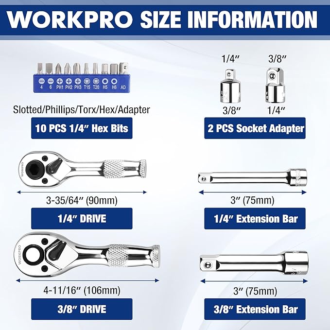 WORKPRO Stubby Ratchet & Bit Driver Set 16 PCS, 1/4", 3/8" Drive Ratchet Handle Wrench, 72-T Quick-Release Reversible Socket Wrench, 2 Socket Adapters, 2 Extension Bars, 10 PCS 1/4" Hex Bits