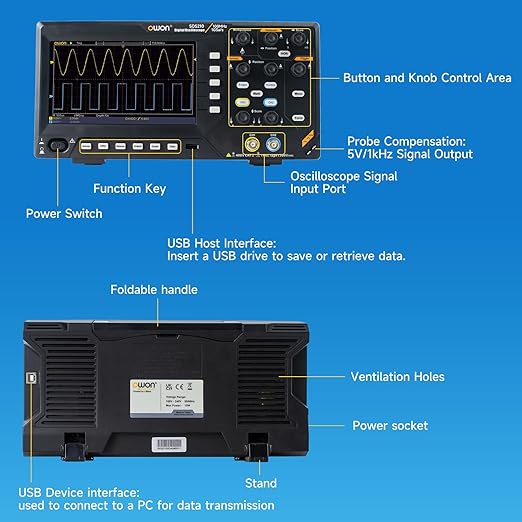 OWON Oscilloscope, Digital Oscilloscope Dual Channel 100MHz Bandwidth Oscillograph, with 7” TFT LCD Display (100MHz / 2CH / OWON SDS210)