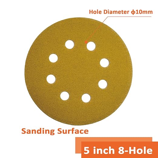 Orbital Sander Pads 5 Inch 8 Holes 150 Grit Sanding disc,Hook and Loop Wet/Dry Gold Replacement Sandpaper,Suitable for Wood,Plastic Grinding and Polishing,Pack of 50