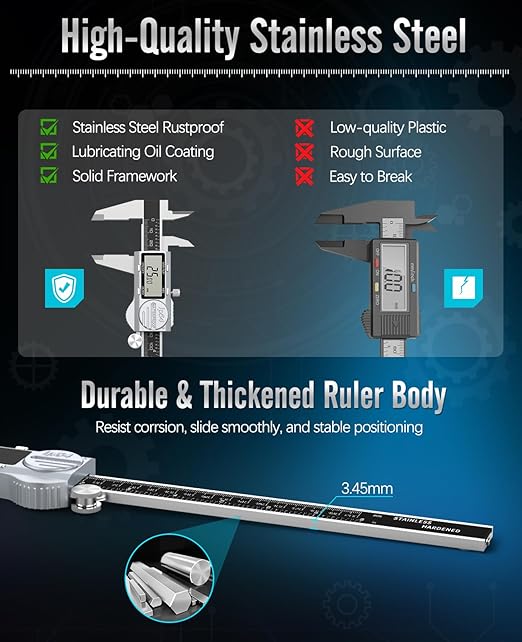 Digital Caliper, (ABS) Absolute Scale Caliper 8in, IP54 Electronic Measuring Tool, Inch/MM/Fraction, Auto-Off LCD Stainless Steel Waterproof Micrometer Vernier Caliper, with Feeler Gauges