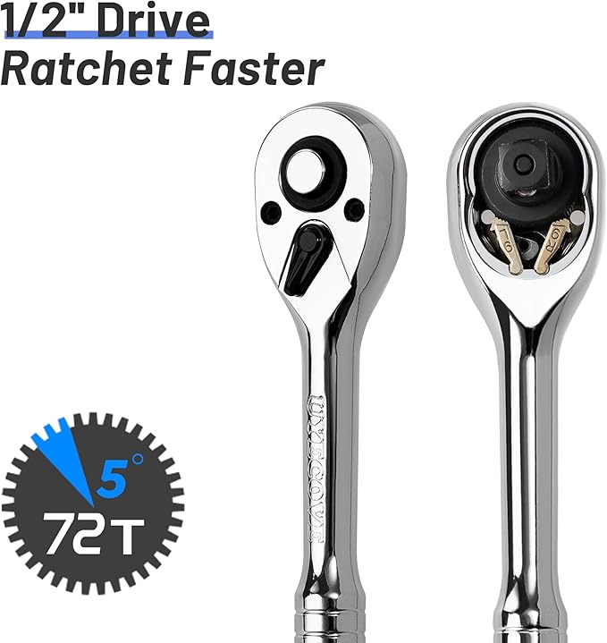 1/2-Inch Drive Ratchet Wrench, 1/2 Ratchet Wrench Long Handle, Socket Wrench, 72-Tooth Quick-release Reversible Cr-Mo Head, Chrome Steel Made - 20''51cm