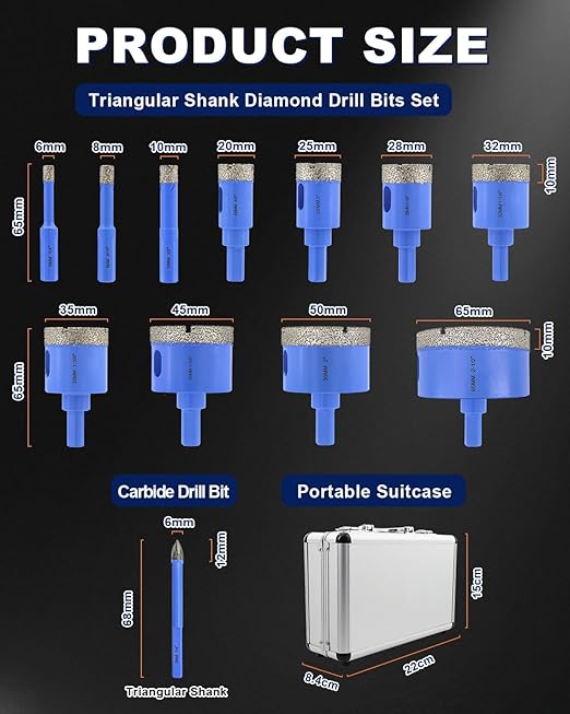 Diamond Tile Hole Saw Kit - 12Pcs 1/4'', 5/16'', 3/8'', 4/5'', 1'', 1-1/8'', 1-1/4'', 1-3/8'', 1-3/4'', 2'', 2-1/2'' Drill Bits Set, 1/4'' Carbide Drill Bit for Porcelain Tile Ceramic Granite Marble