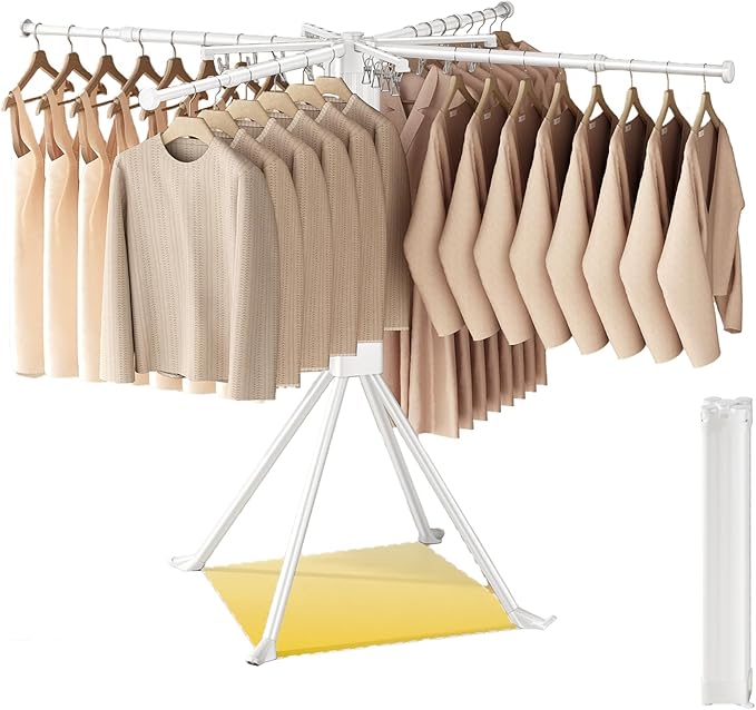 Laundry Drying Rack with 16 Clips Clothes Drying Rack Foldable Collapsible Clothing Rack Retractable Length Space-Saving for Laundry Room Camping Indoor Outdoor