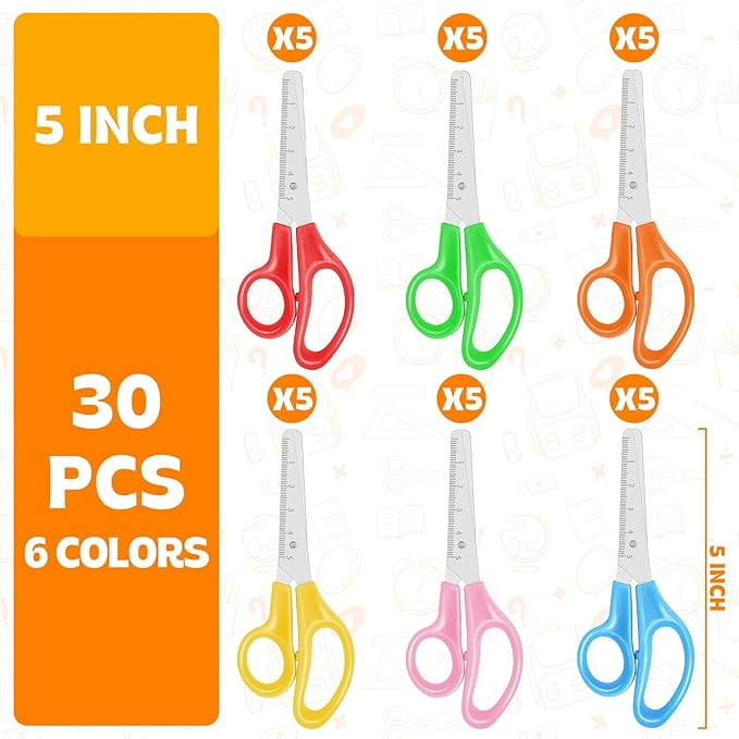 30 Pack Kids Scissors, 5" Scissors for School Classroom, Right & Left Handed Scissor with Comfort Grip Blunt Tip Scissor for Kids School Supplies for Student Teacher, Assorted Colors