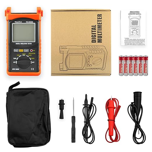 Megohmmeter 200 Gig Ohm Digital Insulation Resistance Tester 500V/1kV/2.5kV/5kV Auto Range Voltage,Resistance Tester with 1999 Count LCD Display, Data Hold, Back-Light-RQ-6688B（Orange）