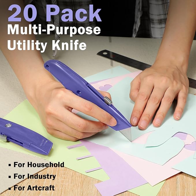 Reginary 20 Pcs Box Cutter Bulk Retractable Utility Knife Heavy Duty Aluminum Alloy Razor Knife for Cardboard Box Carton Opener for DIY, Factory, Home Office(Purple)