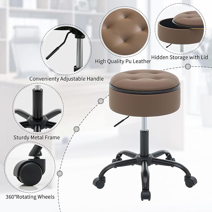 Drafting Chair with Storage, Adjustable Desk Stool with Wheels 20.67"-24.61", Coffee Brown Ergonomic Office Stool