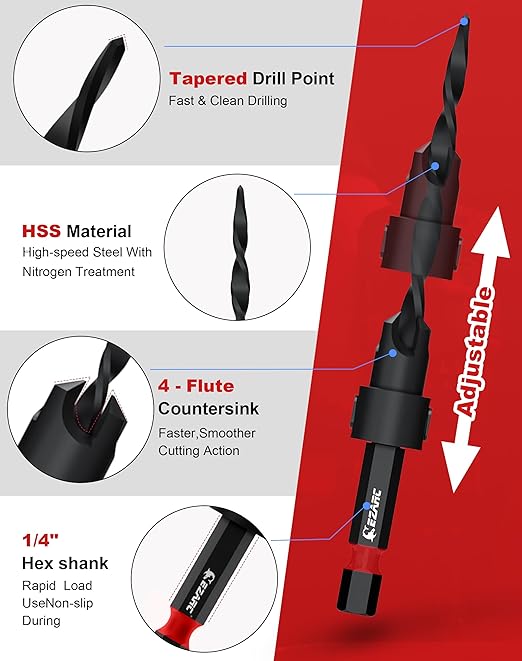 EZARC Countersink Drill Bit Set, 24 PCS Tapered Drill Bits Counter Sink Drill Bit with 6PCS Wooden Sticks 1/4" Hex Shank Quick Change for Woodworking with Storage Box
