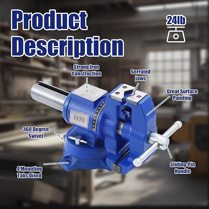 FATO Multipurpose Bench Vise 5 Inch Heavy Duty Ductile Iron 8800 Lbs Clamping Force, 360° Swivel Base, Anvil, Jaw Width 4.92", Jaw Opening 3.94", for Metalworking, Woodworking, DIY & Industrial, Blue
