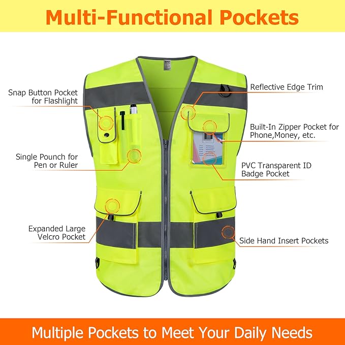 TCCFCCT Reflective Safety Vest 9 Pockets High Visibility Vest for Men Women, Hi Vis Reflective Work Vest for Safety, Meets ANSI/ISEA Standards, (Yellow, XX-Large)
