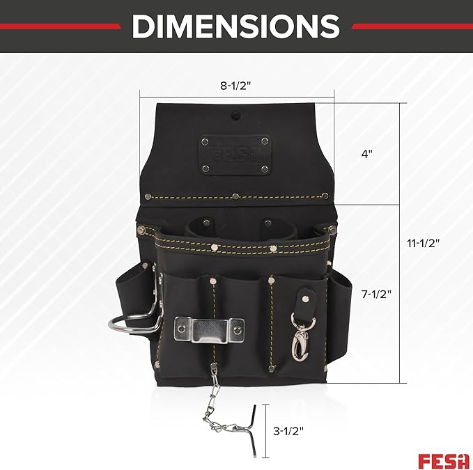 FESA Leather Electrician Tool Pouch - 13-in-1 Top Grain Leather Electrician Pouch w/Steel Hammer Loop, Tape Measure Clip, Tape T-Chain & 6 Pockets - Fits Belts up to 3" - Handcrafted