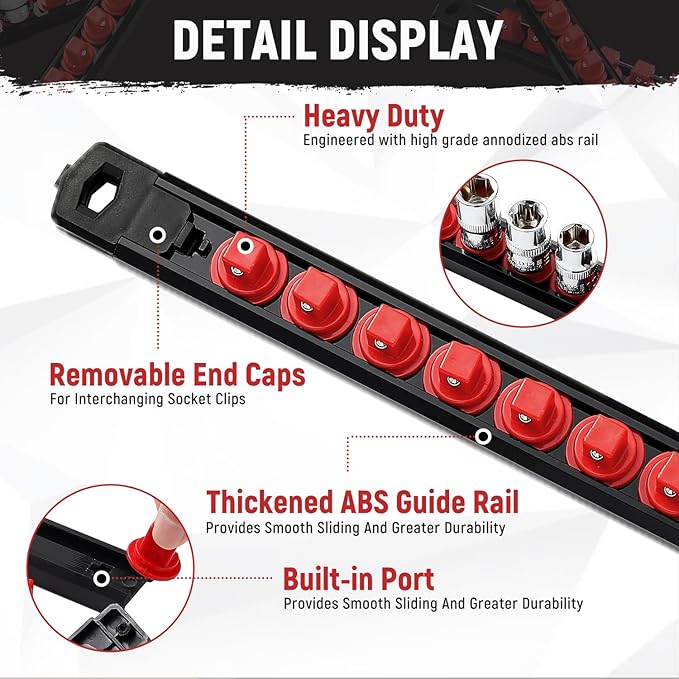 Magnetic Socket Organizer, 3-Piece Heavty Duty ABS Socket Holder, Socket Rail for Tool Box, Premium Quality 360° Swivel Socket Rack with 40 Clips for 1/2, 3/8, 1/4-Inch(Red)
