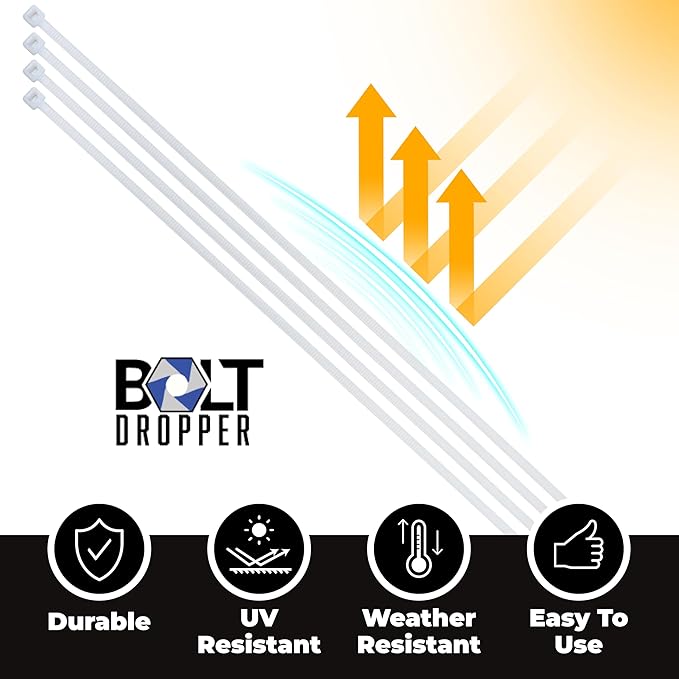Bolt Dropper 1000-Piece Set Zip Cable Ties - 12-Inch Heavy Duty Self-Locking Nylon Wire Ties - 40 lbs Tensile Strength for Indoor or Outdoor Use - Durable, UV and Temperature Resistant White Zip Ties